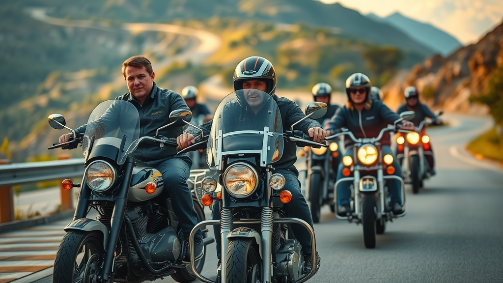 Determined motorcycle group riding safely in formation, following safe distance rules, motorcycle safety, United States