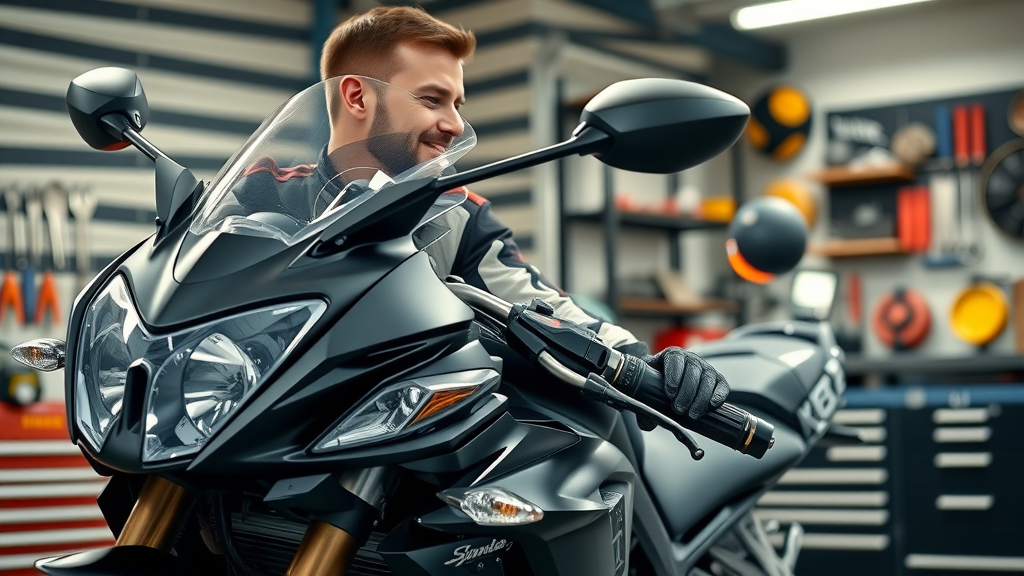 realistic close-up of a well-maintained sport motorcycle, rider in riding gear looking satisfied, in an urban garage, motorcycle maintenance checklist atmosphere