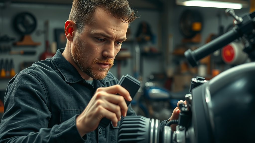 cinematic medium shot of a mechanic examining motorcycle engine, workshop filled with bikes, motorcycle maintenance job environment