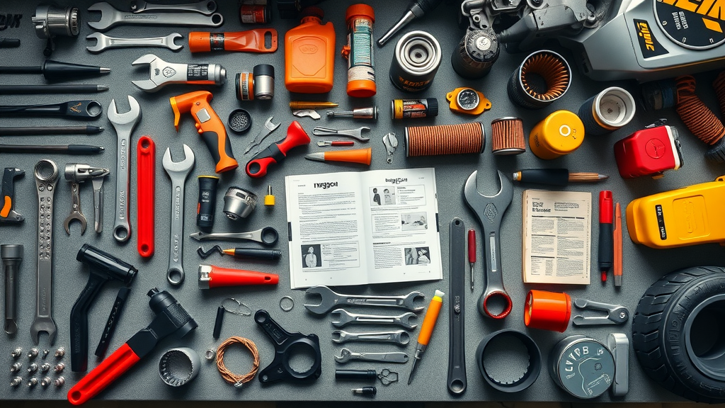 highly detailed flat lay of motorcycle maintenance tools and parts, maintenance checklist ready