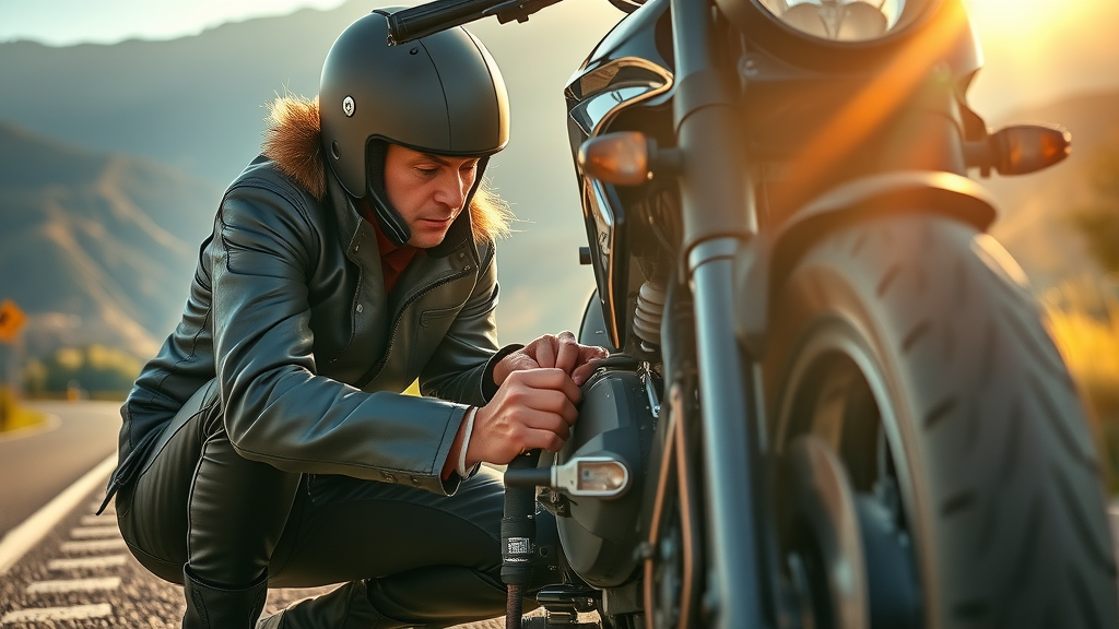 dynamic shot of a motorcycle rider checking tire pressure on a modern bike, tire maintenance checklist in action