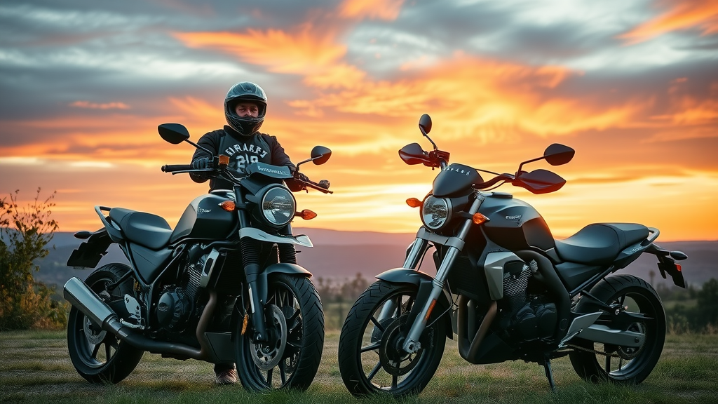 inspiring scene of a vintage and a modern motorcycle side by side, riders demonstrating motorcycle maintenance longevity
