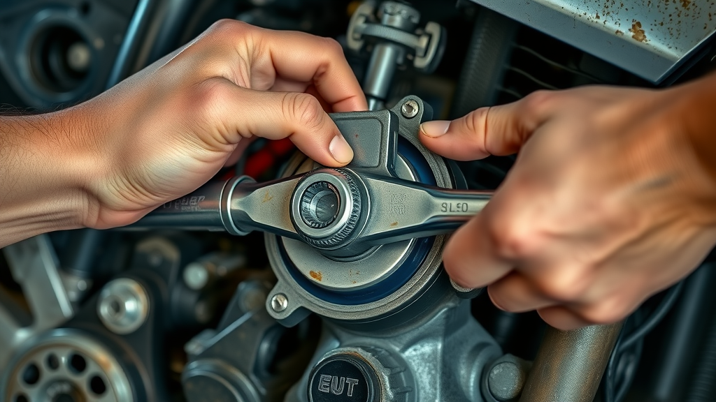 realistic close-up of hands using a torque wrench on a motorcycle engine bolt, home DIY motorcycle maintenance