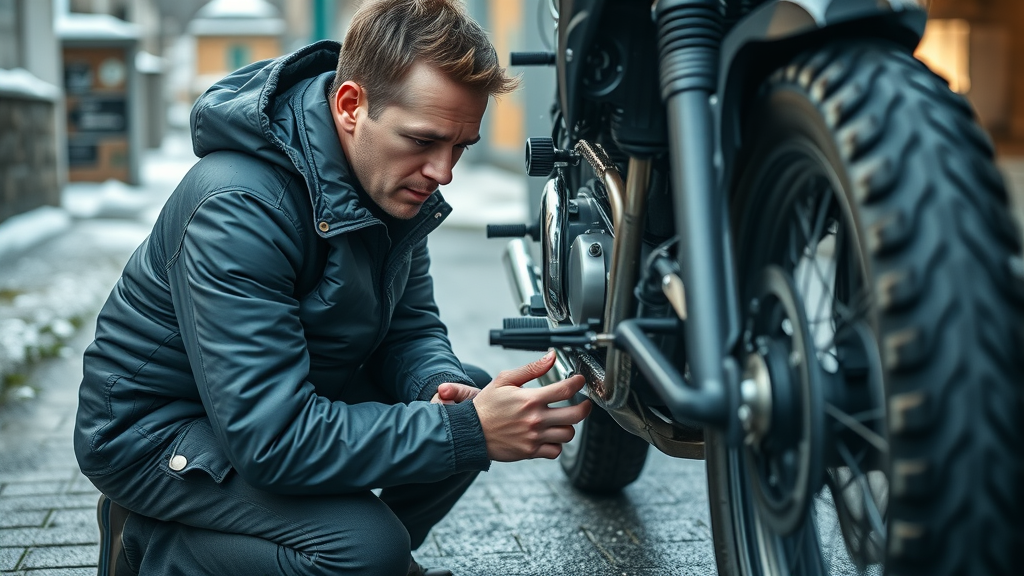 Concerned motorcyclist inspecting motorcycle in cold, kneeling to check tires and chains in frosty urban driveway—common mistakes in cold weather motorcycle prep