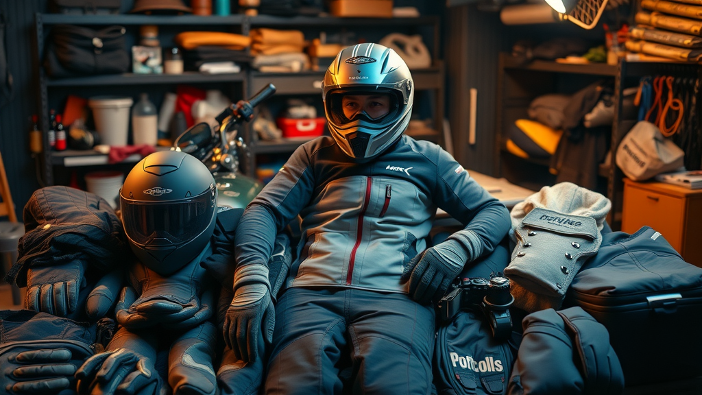 Motorcycle and riding gear organized for winter riding—winter riding gear, helmet, gloves, thermal layers, well-lit