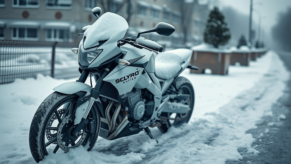 Motorcycle covered in snow, poorly stored outdoors in winter—motorcycle in cold storage, snow and ice build-up, cold weather storage