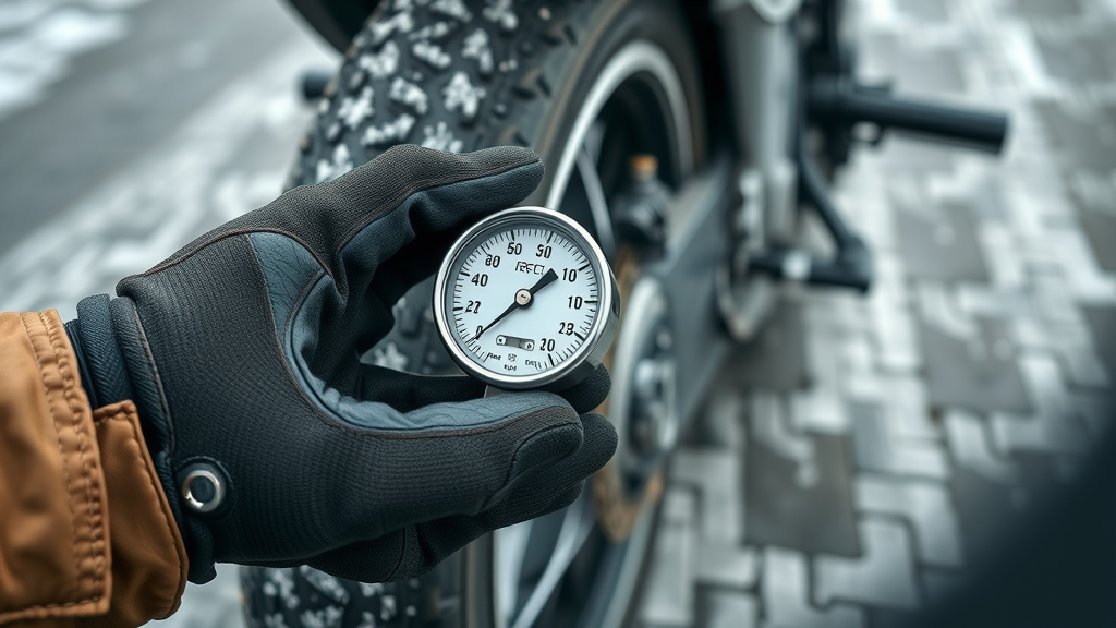 Gloved hands checking winter motorcycle tire pressure—improper tire maintenance, cold weather, preparation safety