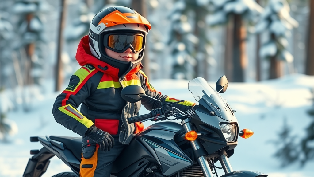 Motorcyclist wearing advanced, layered winter riding gear for cold weather motorcycle prep—reflective strips, insulated gloves, helmet, snowy background