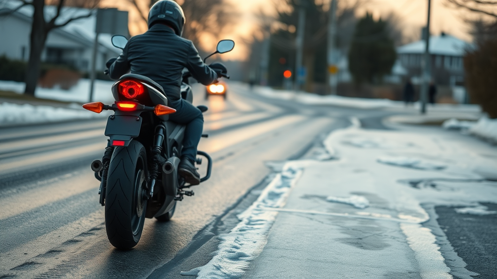 Motorcycle approaching icy patch in winter—motorcycle accident risk, cold weather, rear brake light reflecting on ice, suburban morning road