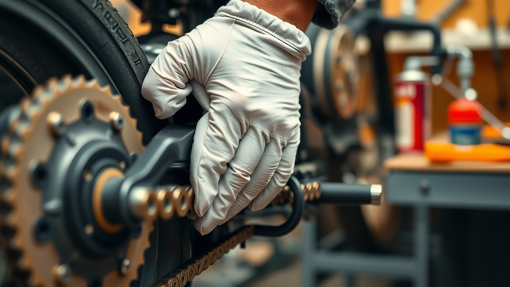 Detailed close-up of hands lubricating motorcycle chain for winter—motorcycle in cold weather, maintenance preparation, warm light