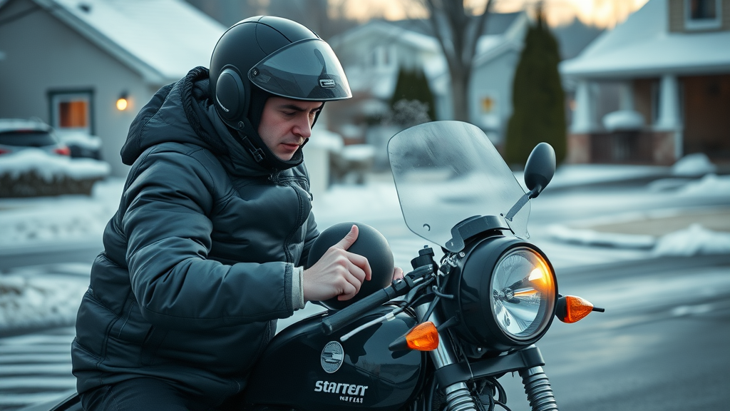Motorcyclist frustrated with bike not starting in cold morning—cold weather, battery problems, icy driveway
