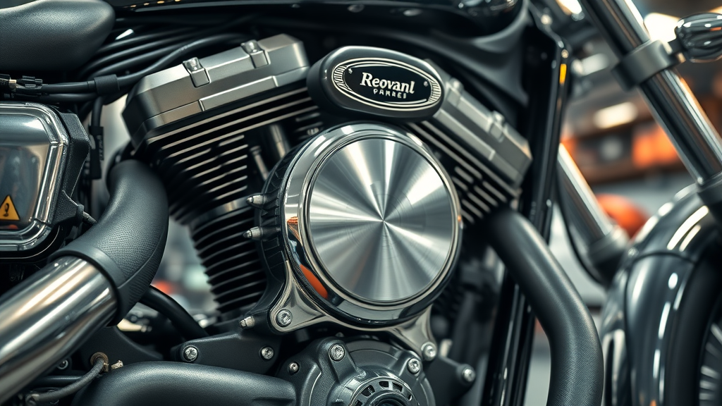 Dynamic close-up of a high-performance motorcycle engine, powerfully idling in a professional garage, motorcycle engines in focus, metallic greys and chrome
