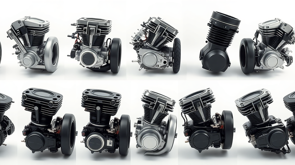 Vivid illustration of various motorcycle engine types, engines cut open to reveal internal components, cycle engines, metallic and black