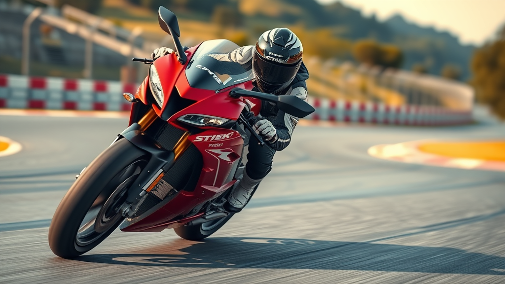 Aggressive modern sport motorcycle with high performance engine racing along a track, vivid colors and motion blur, motorcycle engines