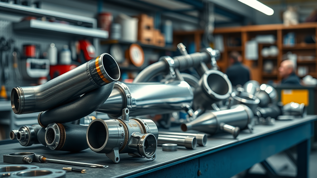 Close view of aftermarket exhausts, high-performance motorcycle engine upgrade parts on a workbench