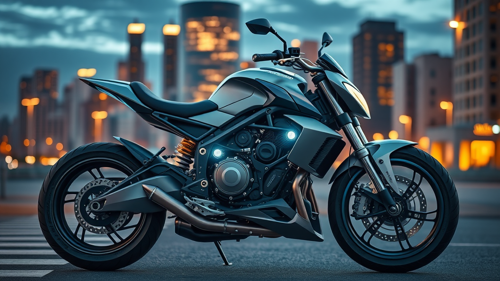 Futuristic motorcycle with visible rotary engine, innovative cycle engine design in motorcycle engines, nightlife cityscape