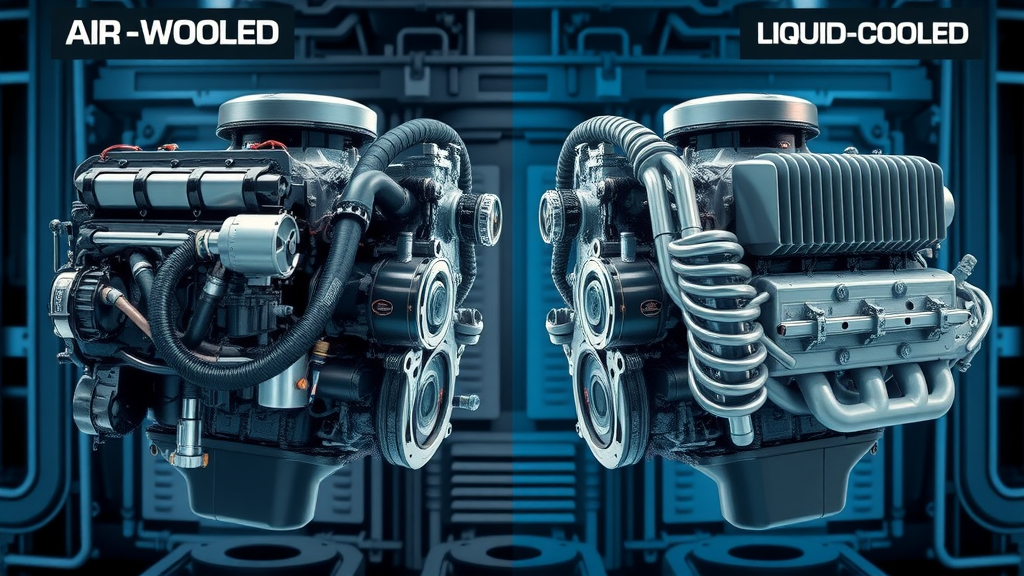 Split-scene: air cooled vs liquid cooling motorcycle engines, showing cooling system functional differences, cycle engines