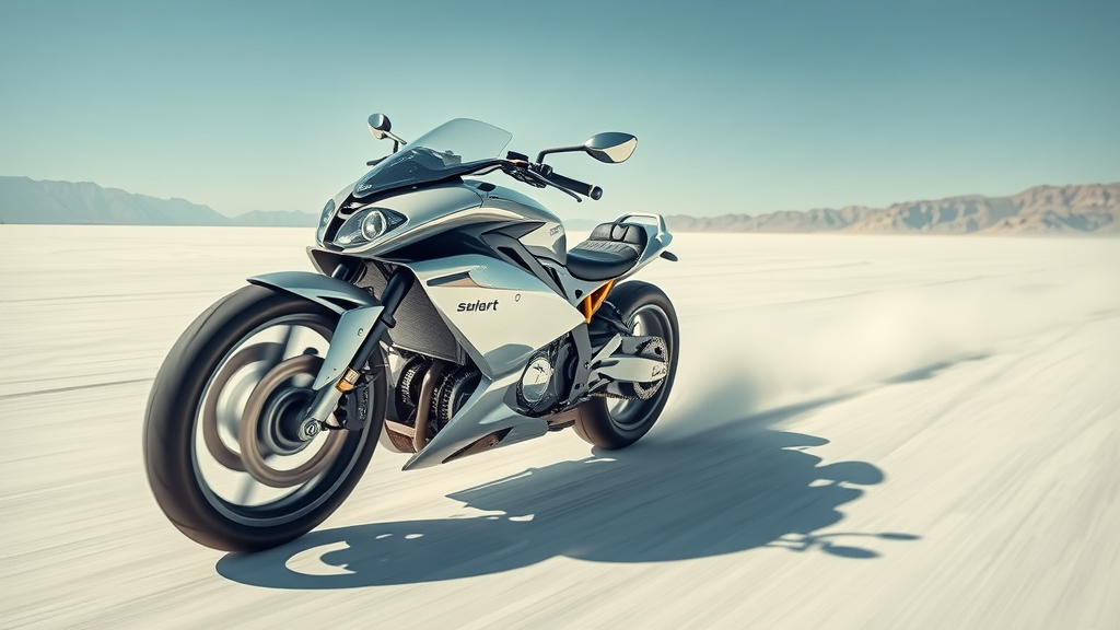 Aerodynamic futuristic motorcycle motorcycle engines on salt flats, high speed 1000hp run, blurred motion