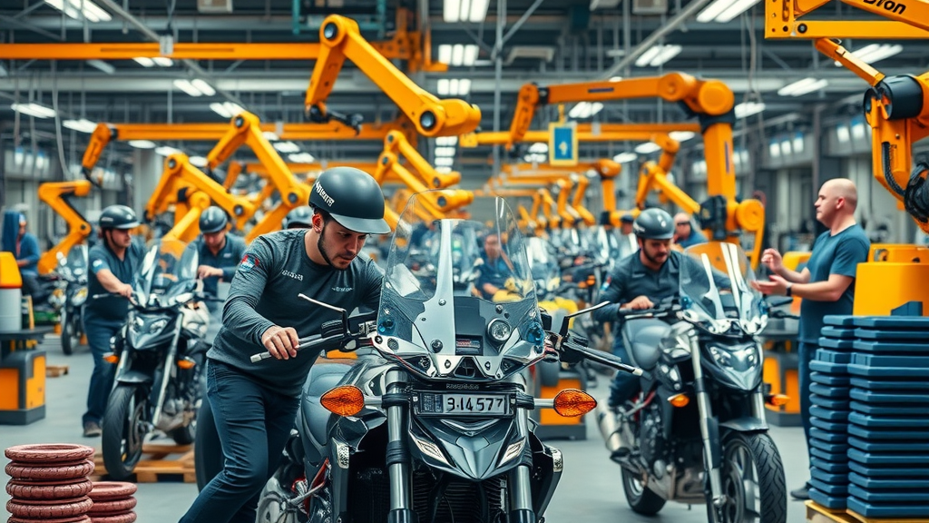 Vibrant motorcycle assembly line showing determined factory workers assembling various motorcycle brands, highlighting colorful bike parts, detailed machinery, and modern robotic arms.