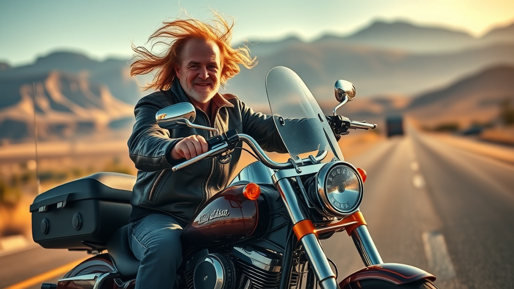 Majestic Harley-Davidson motorcycle with mature rider in a leather jacket cruising across open highway, showcasing the spirit of iconic American motorcycle brands with stunning mountain backdrop and chrome details.