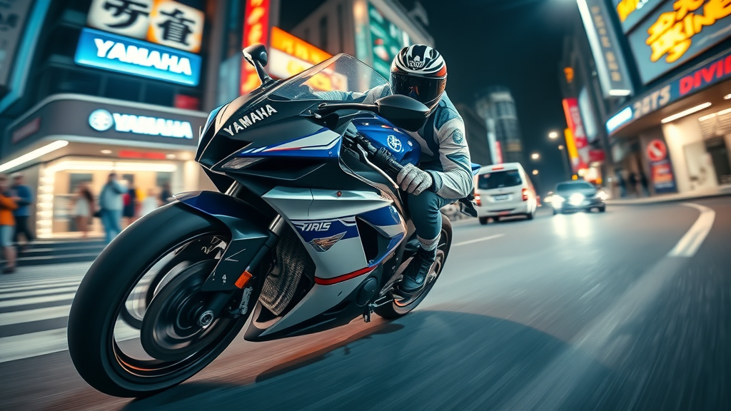 Dynamic Yamaha sportbike with young rider leaning into a high-speed turn on an energetic city street, capturing the performance essence of leading motorcycle brands with striking blue and white tones.