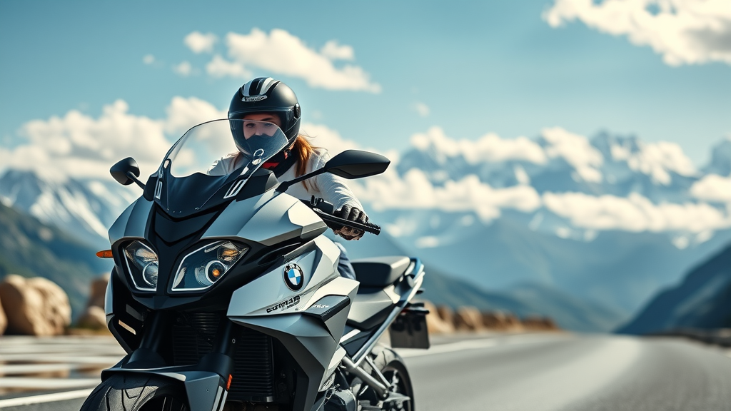 Sleek BMW Motorrad touring motorcycle with adventurous female rider navigating a winding alpine pass, illustrating luxury and innovation among the top motorcycle brands.