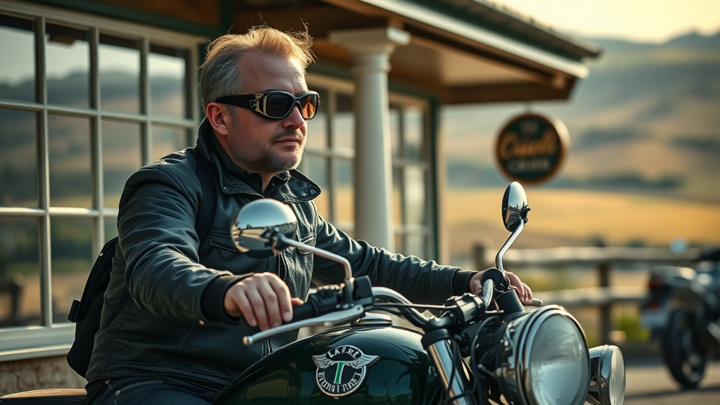 Retro Triumph motorcycle with middle-aged rider pausing at a vintage-inspired roadside café, embodying British excellence in motorcycle brands with nostalgic countryside scenery.