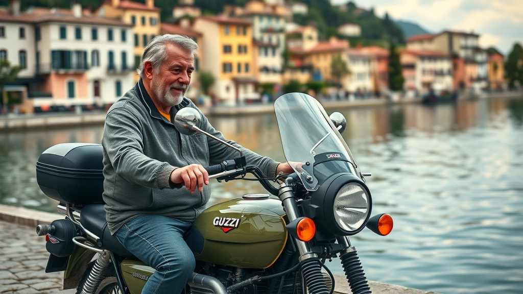 Timeless Moto Guzzi motorcycle with older rider parked beside a scenic Italian lakeside village, representing unique design and quality among famous motorcycle brands.