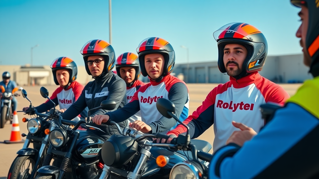 Beginner motorcycle riders listening attentively to a safety instructor during outdoor training with motorcycles and cones - motorcycle laws, motorcycle safety