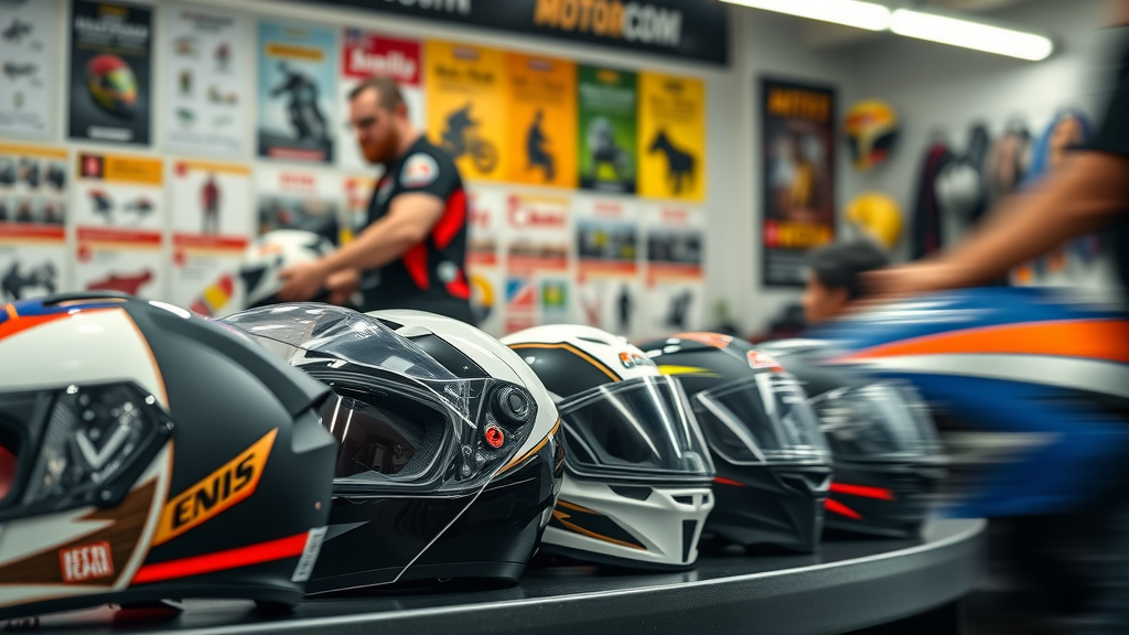 Motorcycle helmets of various styles and colors displayed in a shop environment - motorcycle helmet, helmet laws, motorcycle safety