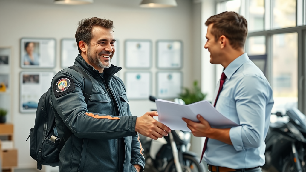 Motorcyclist shaking hands with an insurance agent in a professional office with motorcycle model and legal documents visible - motorcycle insurance, insurance requirements