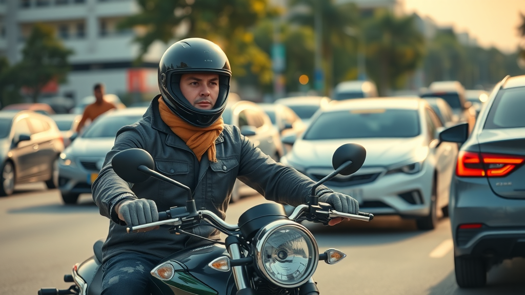 Responsible motorcyclist safely lane splitting in urban traffic, moving cautiously between cars - lane splitting, motorcycle laws