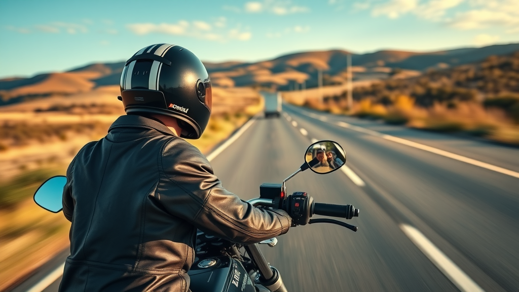 Motorcyclist on rural highway maintaining safe following distance, illustrating the 4 second rule - motorcycle safety, four second rule