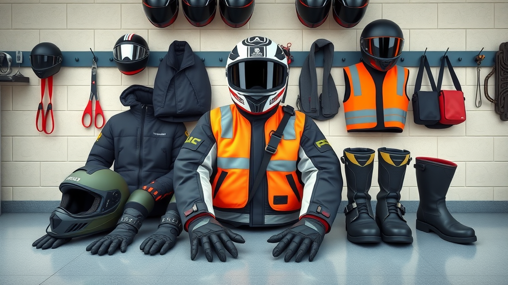 Comprehensive motorcycle safety gear ensemble: helmet, jacket, gloves, boots, and reflective vest arranged on a clean surface - motorcycle safety equipment checklist