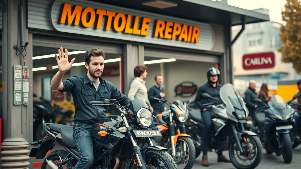 motorcycle mechanic near me repair shop exterior with mechanic waving to a customer in a busy city, vibrant and friendly service