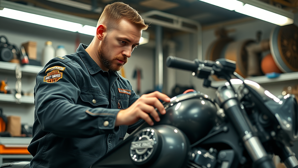 motorcycle mechanic near me working on Harley Davidson engine in a detailed garage