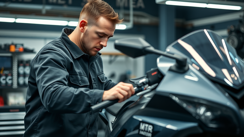 motorcycle mechanic near me changing oil and performing inspection on a sport bike in modern service bay