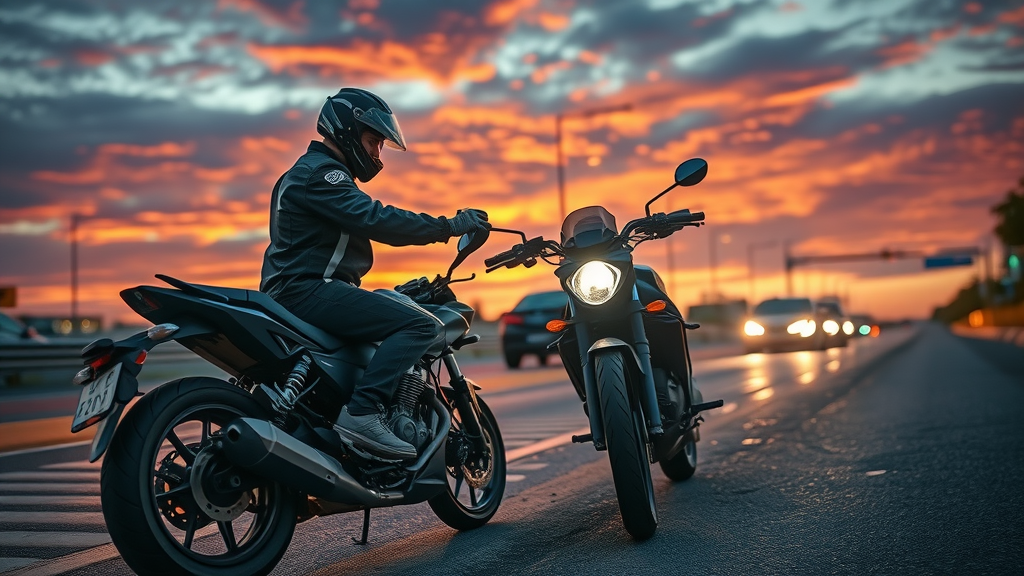 mobile motorcycle mechanic helping a rider at dusk, emergency repair service roadside with dramatic sky