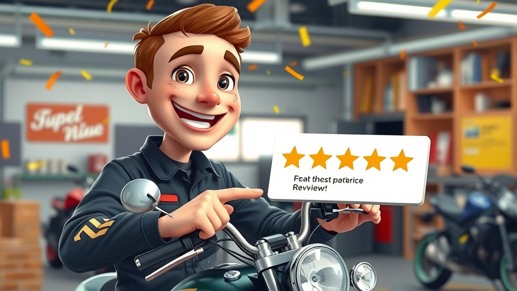 motorcycle mechanic near me receiving five star customer review in a repair shop