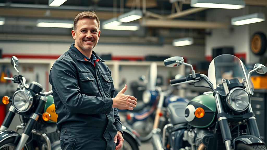 trusted motorcycle mechanic near me shaking hands with customer in a polished shop