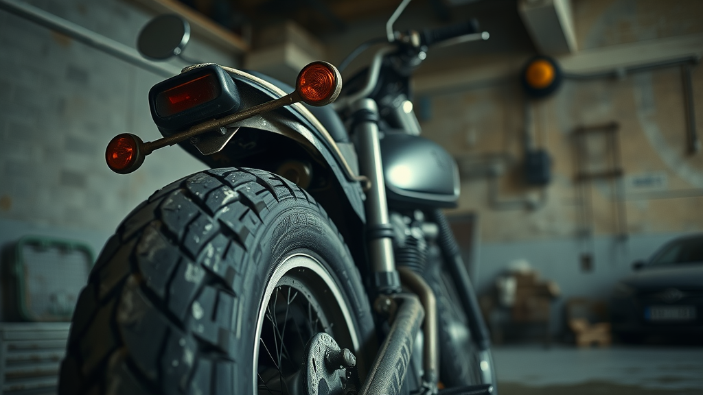 Motorcycle with rust, flat tire, and dust layer from poor motorcycle storage tips in a dimly lit garage
