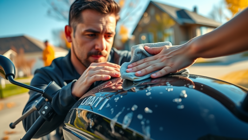 Pristine motorcycle being hand-washed and waxed outside before winter storage, with a focus on motorcycle storage tips