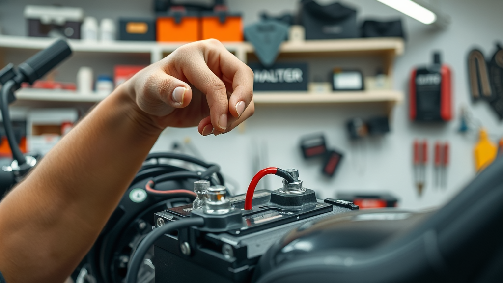 Detail of hands disconnecting a motorcycle battery and using a battery maintainer in a garage, stored as per motorcycle storage tips