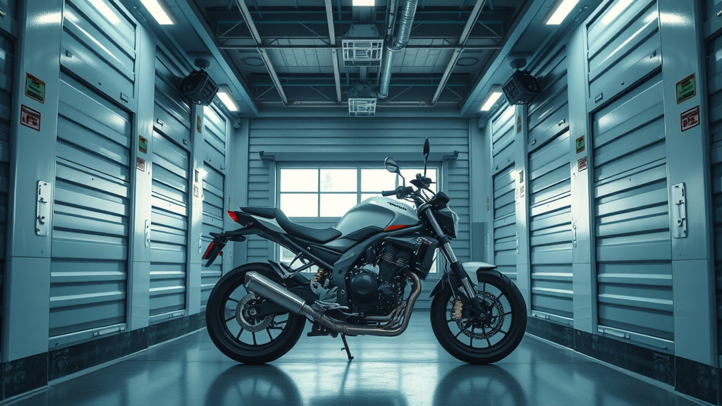 Modern storage unit with a covered motorcycle in climate control, as a top motorcycle storage tip