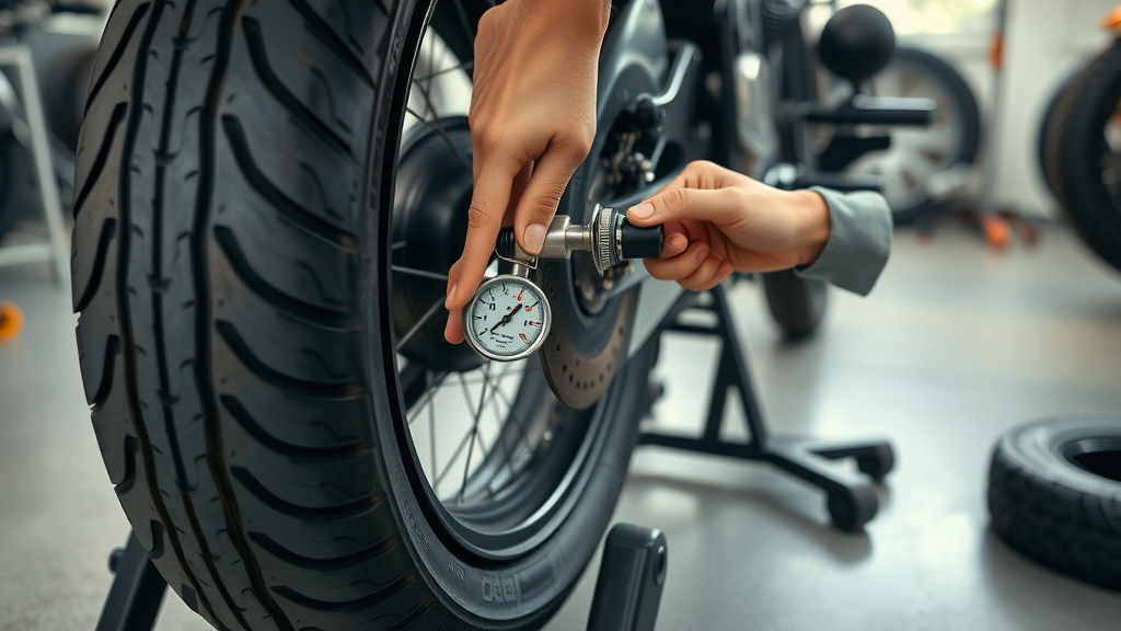 Motorcycle tire elevated on a stand, care in checking tire PSI as a key motorcycle storage tip