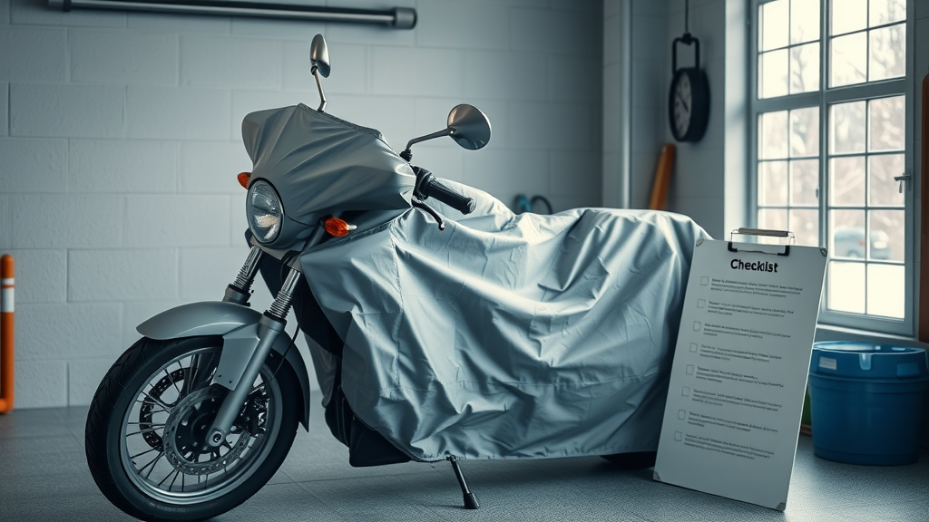Motorcycle parked under a cover with winter storage checklist, perfect motorcycle storage tip example