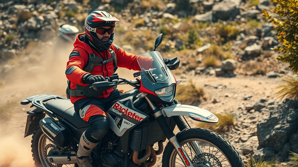 experienced adventure motorcyclist riding through rocky mountainous trails in rugged adventure gear, cycle gear, dynamic terrain