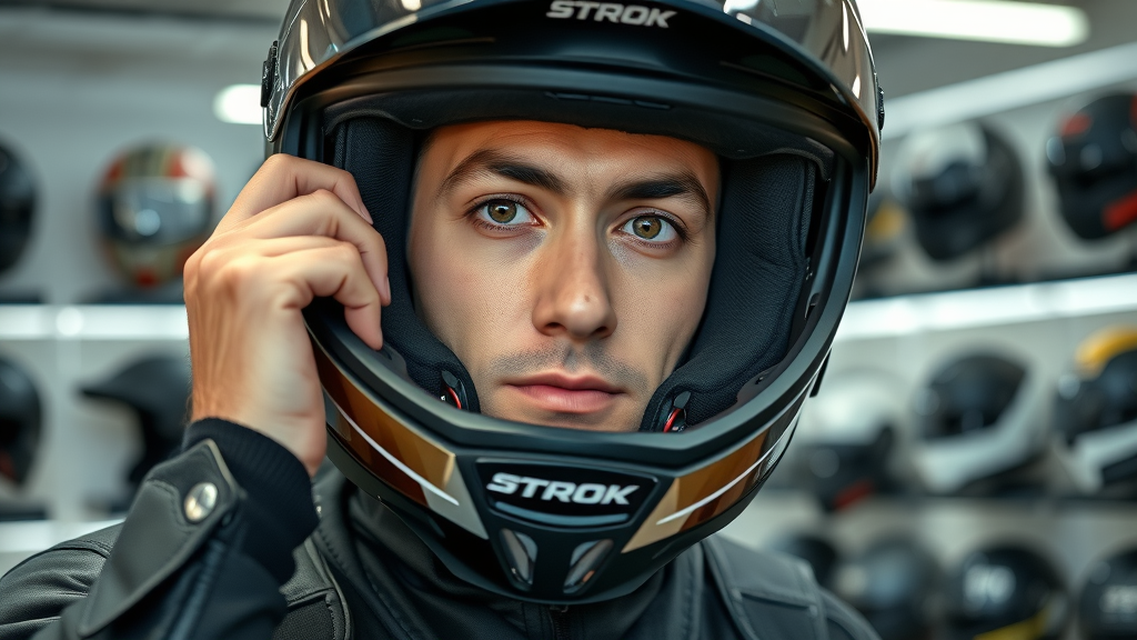 rider adjusting a premium full-face motorcycle helmet with visible padding, motorcycle helmet, modern shop background