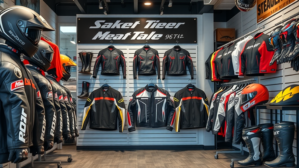 assorted premium motorcycle gear from major brands, jackets, helmets, gloves, and boots on display racks, cycle gear showroom