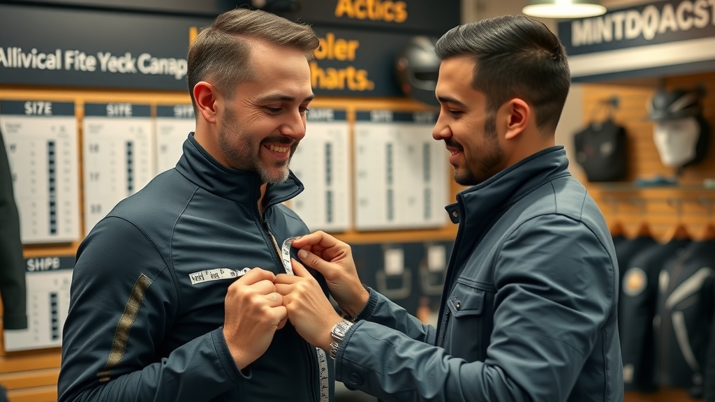 helpful shop assistant using measuring tape for jacket fitting, motorcycle gear size guide, customer service focus
